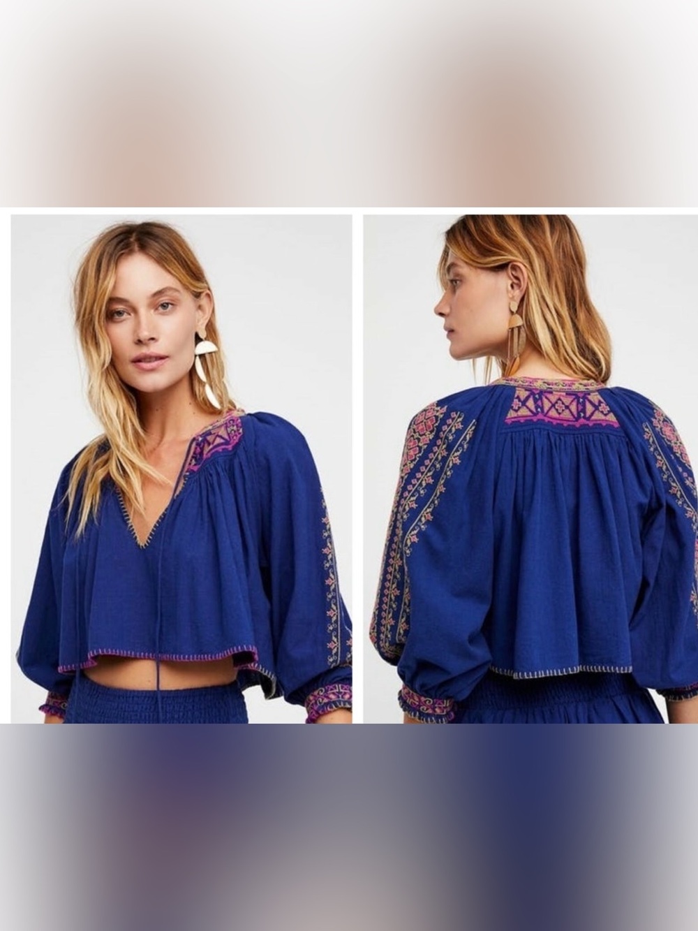 Cropped Free People Navy Peasant Blouse with Pink and Cream Embroidery
